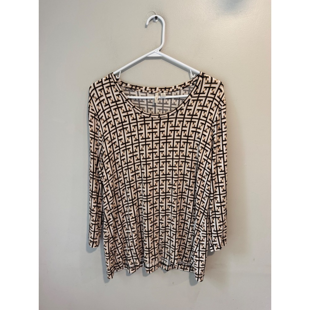 Est. 1946 Women XL Geometric Greek Key Print Scoop Neck 3/4 Sleeve Top Tan Black